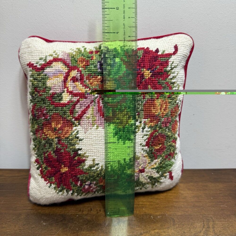 Christmas Needlepoint Pillow Floral Wreath Poinsettias Fruit Holiday 9”x 9” - Picture 5 of 5